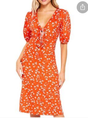 Velvet Torch Womens Floral Puff Sleeve Keyhole Midi Dress L Orange Slinky Party